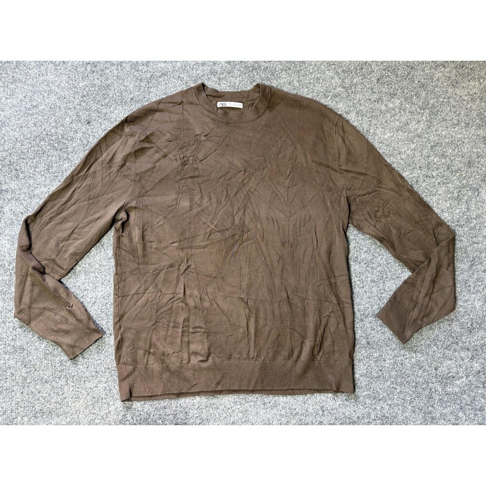 Zara Sweater Mens S Brown Crew Neck Cotton Knit Lightweight Pullover Casual